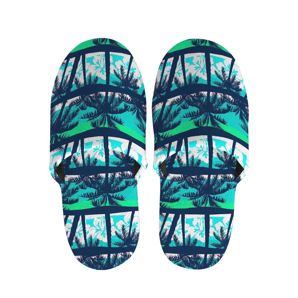 Blue Hibiscus Palm Tree Pattern Print Slippers