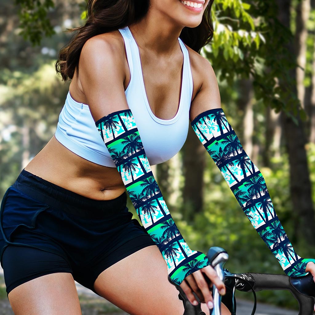 Blue Hibiscus Palm Tree Pattern Print Sun Protection Arm Sleeves