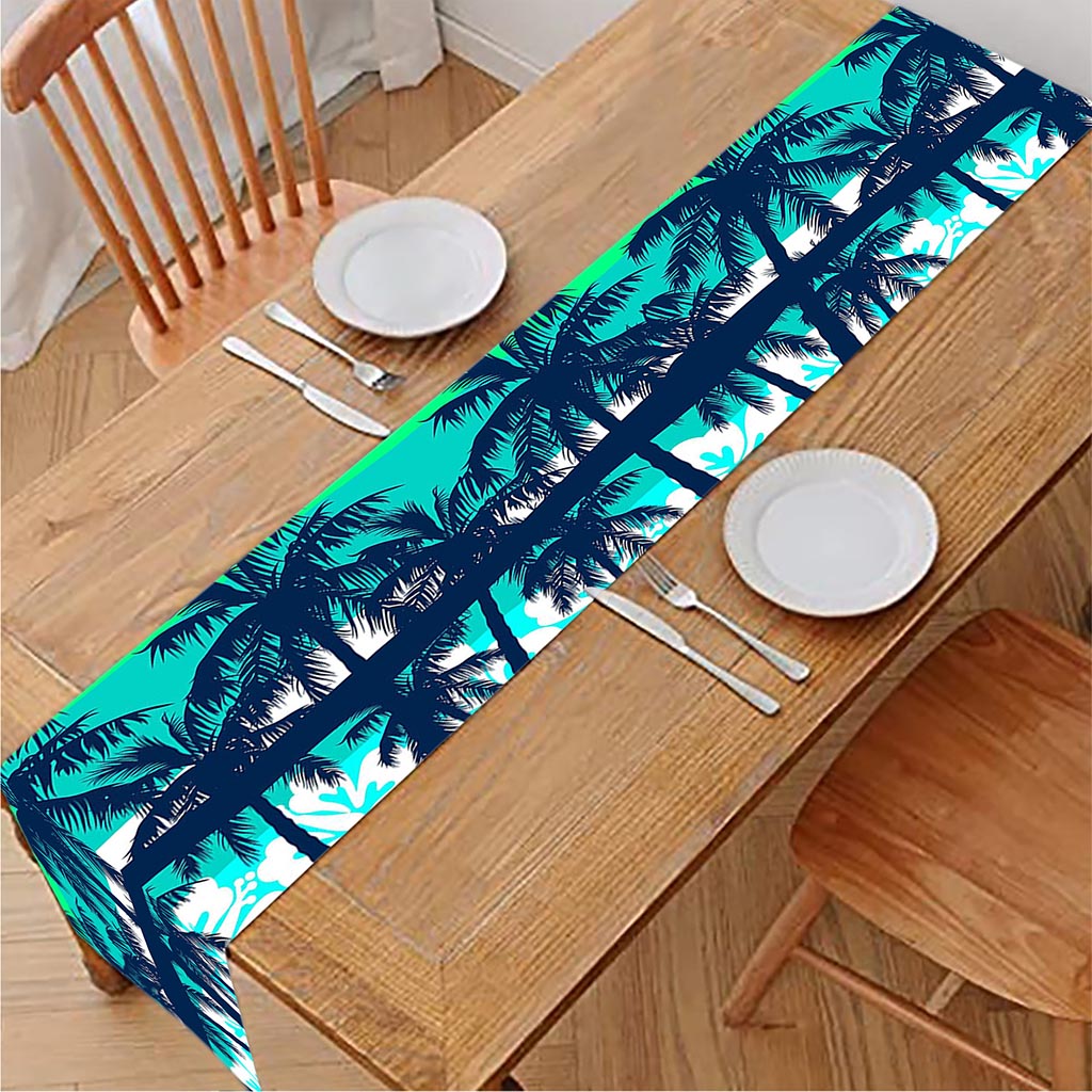 Blue Hibiscus Palm Tree Pattern Print Table Runner