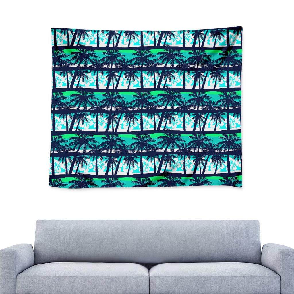 Blue Hibiscus Palm Tree Pattern Print Tapestry