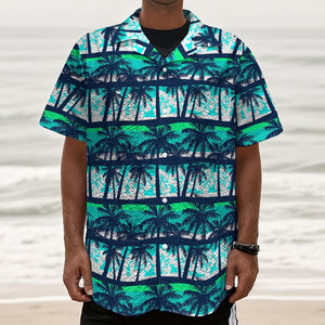 Blue Hibiscus Palm Tree Pattern Print Textured Short Sleeve Shirt