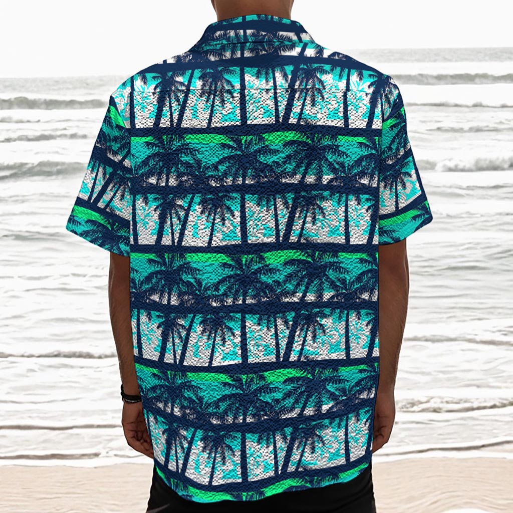 Blue Hibiscus Palm Tree Pattern Print Textured Short Sleeve Shirt