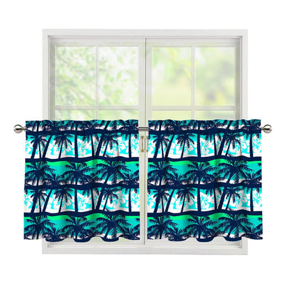Blue Hibiscus Palm Tree Pattern Print Tier Curtains