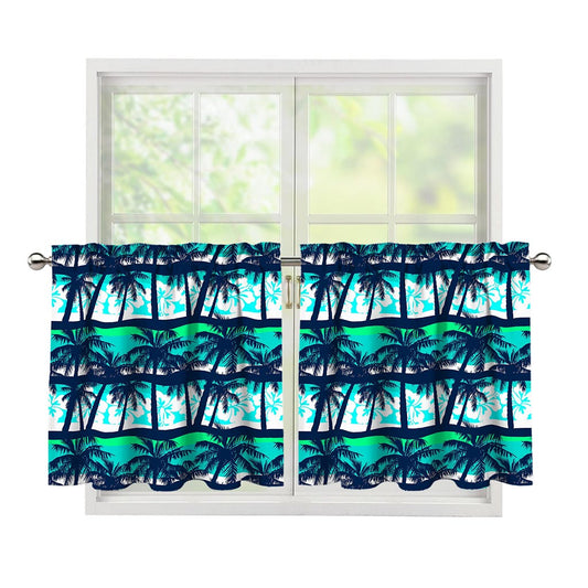 Blue Hibiscus Palm Tree Pattern Print Tier Curtains