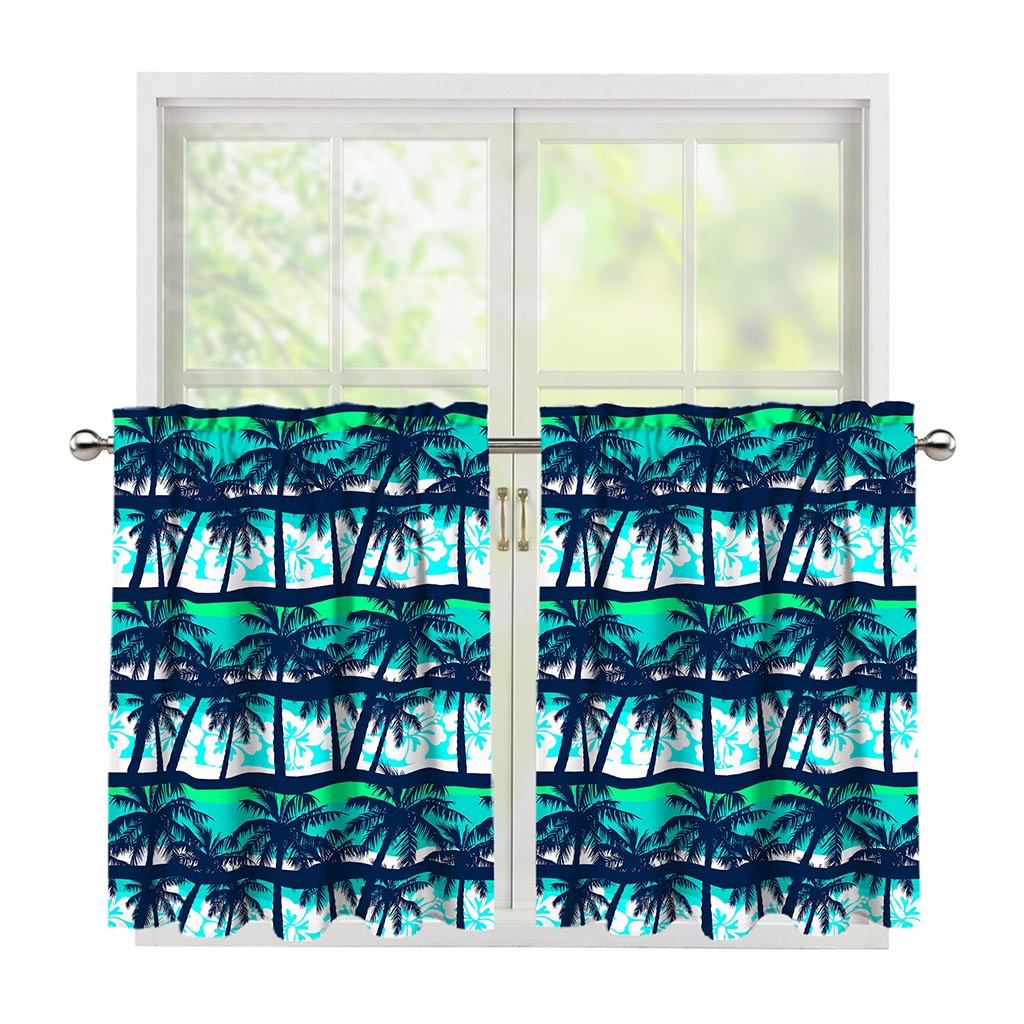 Blue Hibiscus Palm Tree Pattern Print Tier Curtains