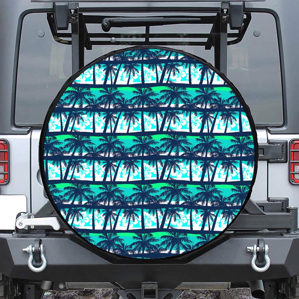 Blue Hibiscus Palm Tree Pattern Print Tire Cover