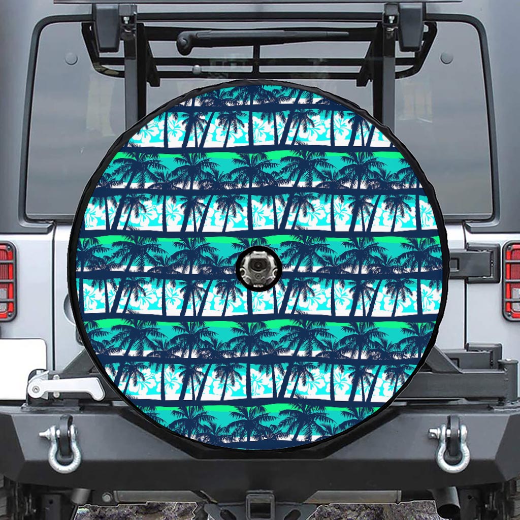 Blue Hibiscus Palm Tree Pattern Print Tire Cover With Camera Hole