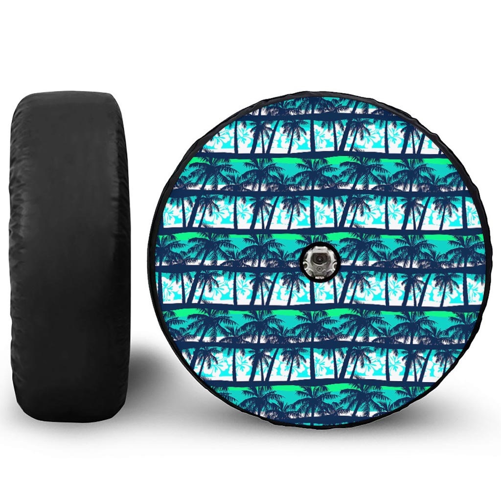 Blue Hibiscus Palm Tree Pattern Print Tire Cover With Camera Hole