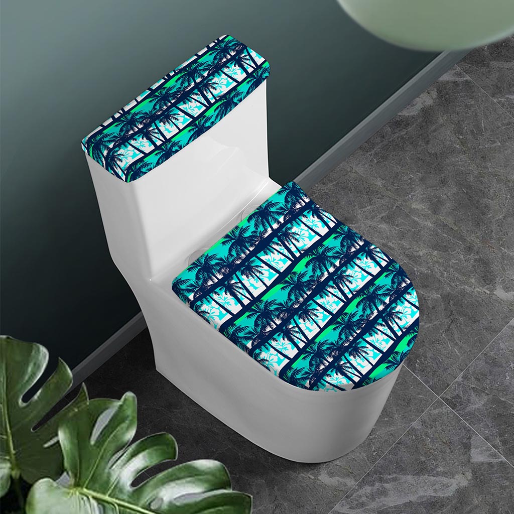 Blue Hibiscus Palm Tree Pattern Print Toilet Lid And Tank Cover Set