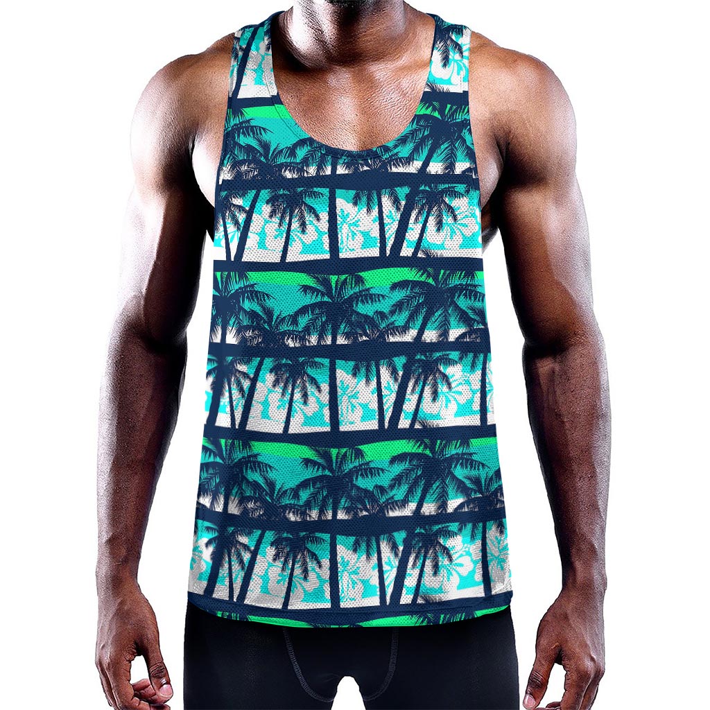 Blue Hibiscus Palm Tree Pattern Print Training Tank Top