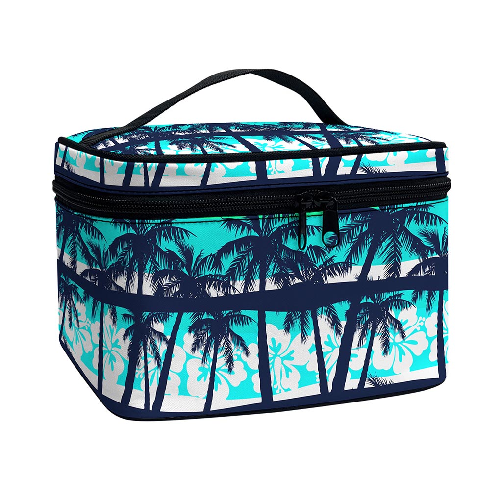 Blue Hibiscus Palm Tree Pattern Print Travel Makeup Bag