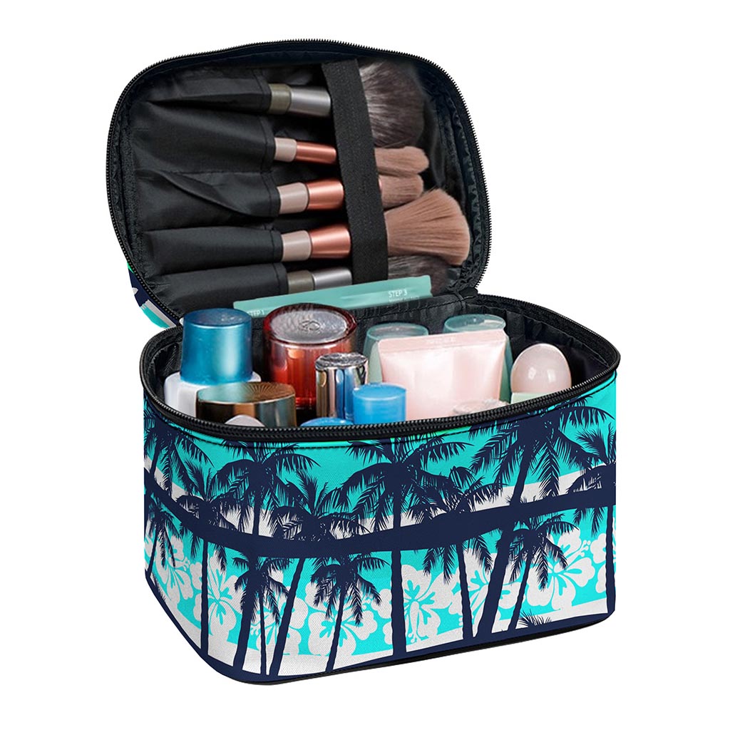 Blue Hibiscus Palm Tree Pattern Print Travel Makeup Bag