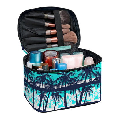 Blue Hibiscus Palm Tree Pattern Print Travel Makeup Bag