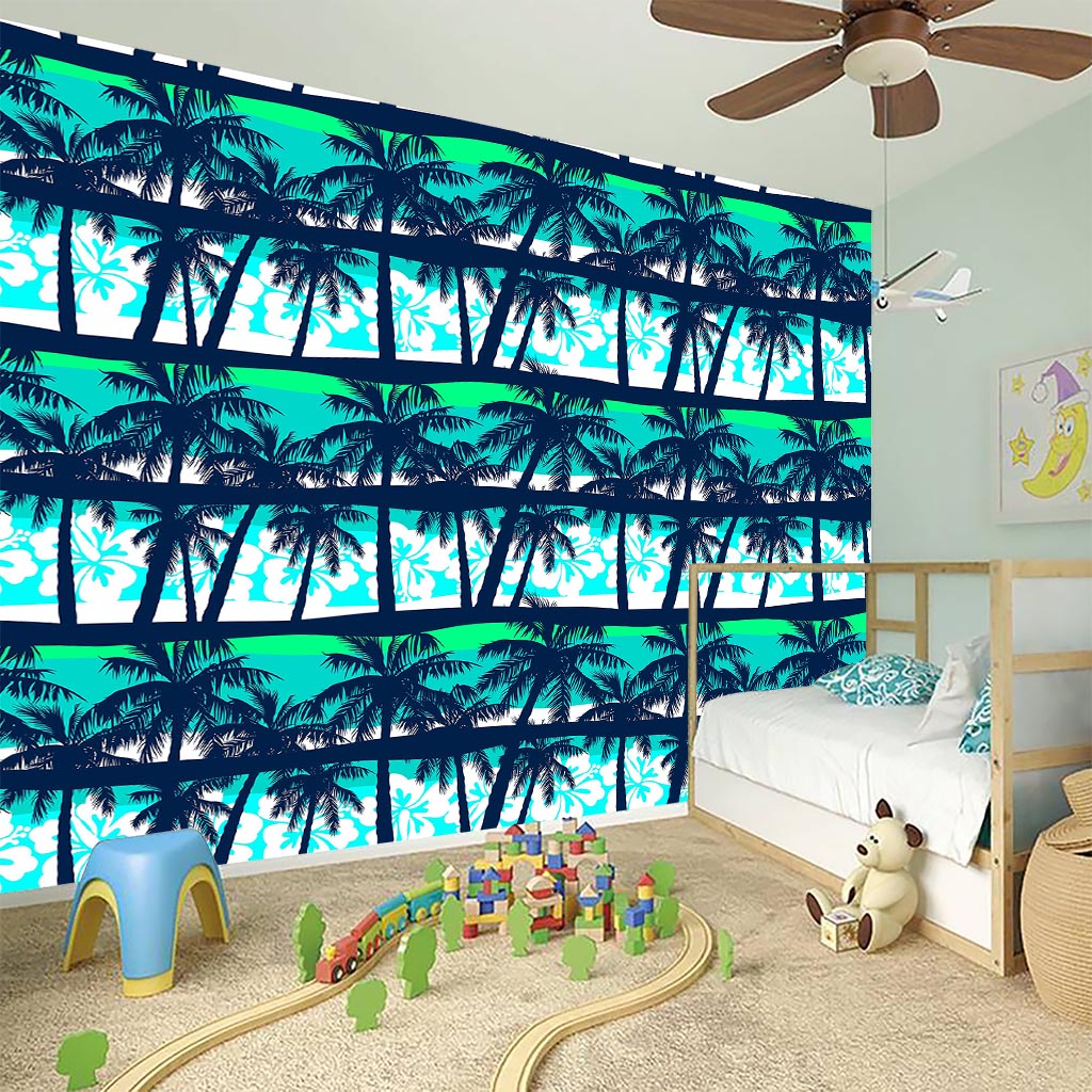 Blue Hibiscus Palm Tree Pattern Print Wall Sticker