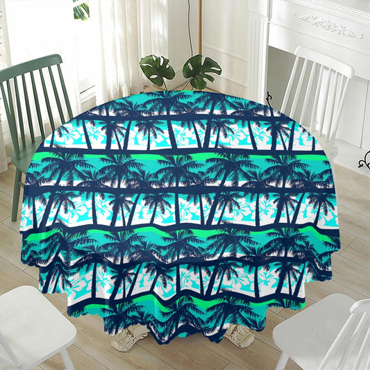 Blue Hibiscus Palm Tree Pattern Print Waterproof Round Tablecloth