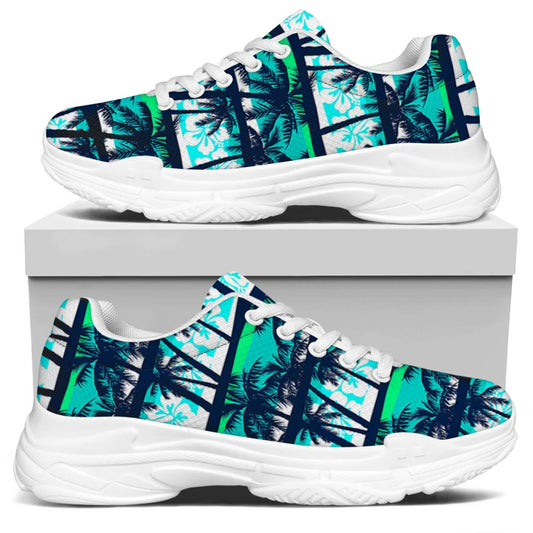 Blue Hibiscus Palm Tree Pattern Print White Chunky Shoes