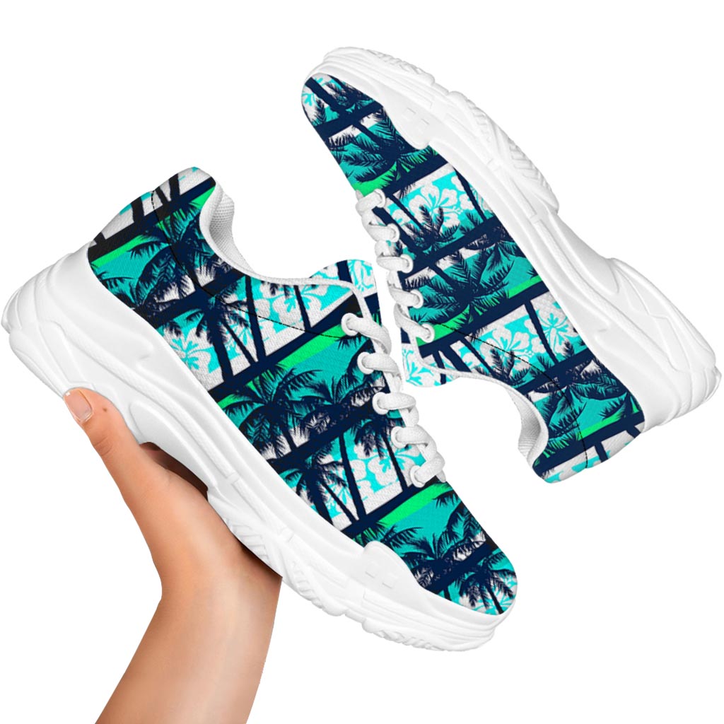 Blue Hibiscus Palm Tree Pattern Print White Chunky Shoes