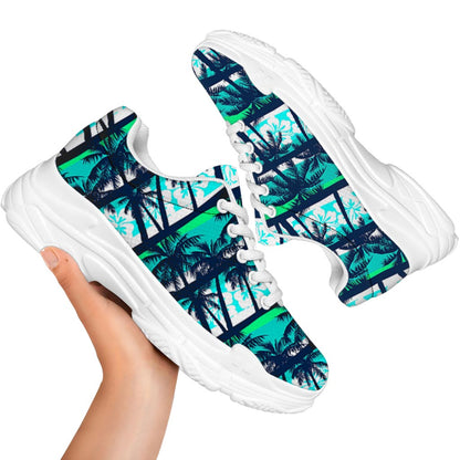 Blue Hibiscus Palm Tree Pattern Print White Chunky Shoes