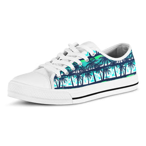 Blue Hibiscus Palm Tree Pattern Print White Low Top Sneakers