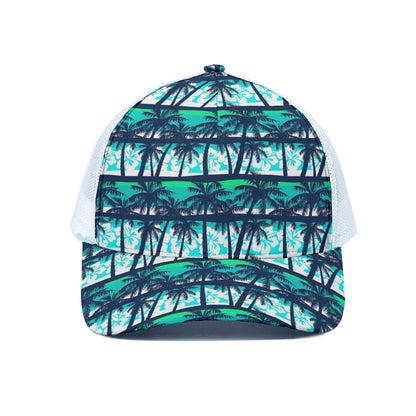 Blue Hibiscus Palm Tree Pattern Print White Mesh Trucker Cap