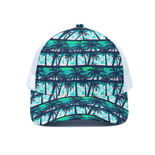 Blue Hibiscus Palm Tree Pattern Print White Mesh Trucker Cap