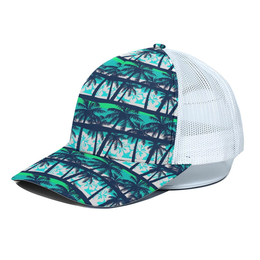 Blue Hibiscus Palm Tree Pattern Print White Mesh Trucker Cap