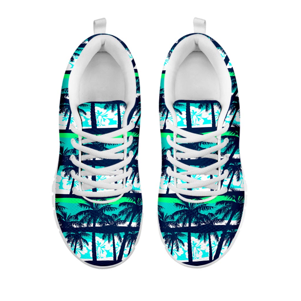 Blue Hibiscus Palm Tree Pattern Print White Running Shoes