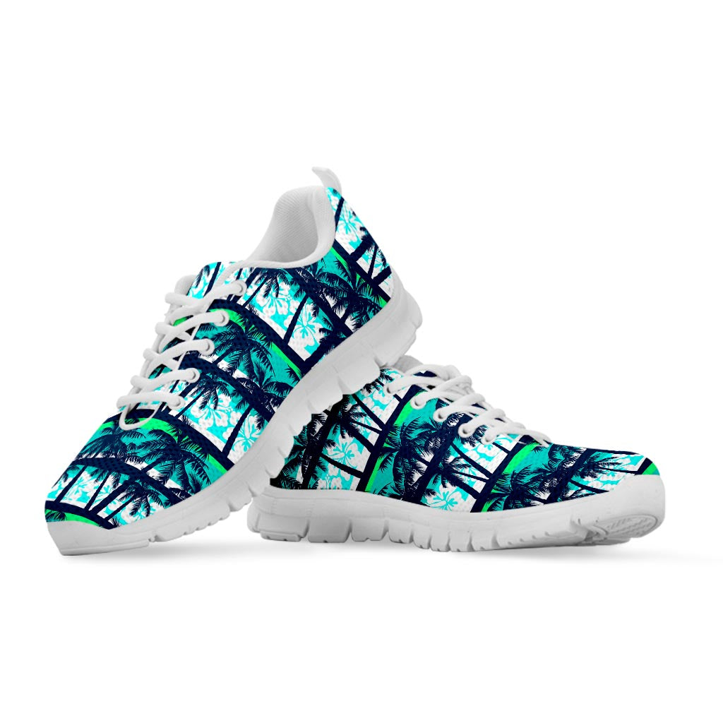 Blue Hibiscus Palm Tree Pattern Print White Running Shoes