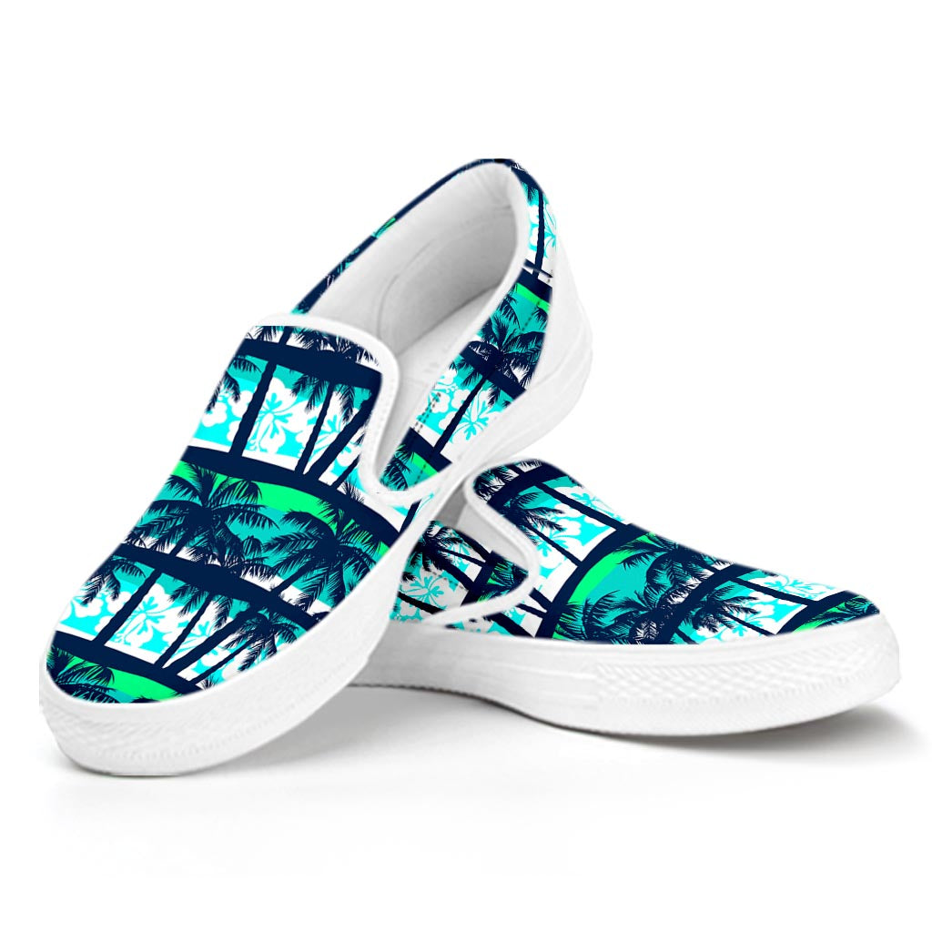 Blue Hibiscus Palm Tree Pattern Print White Slip On Sneakers