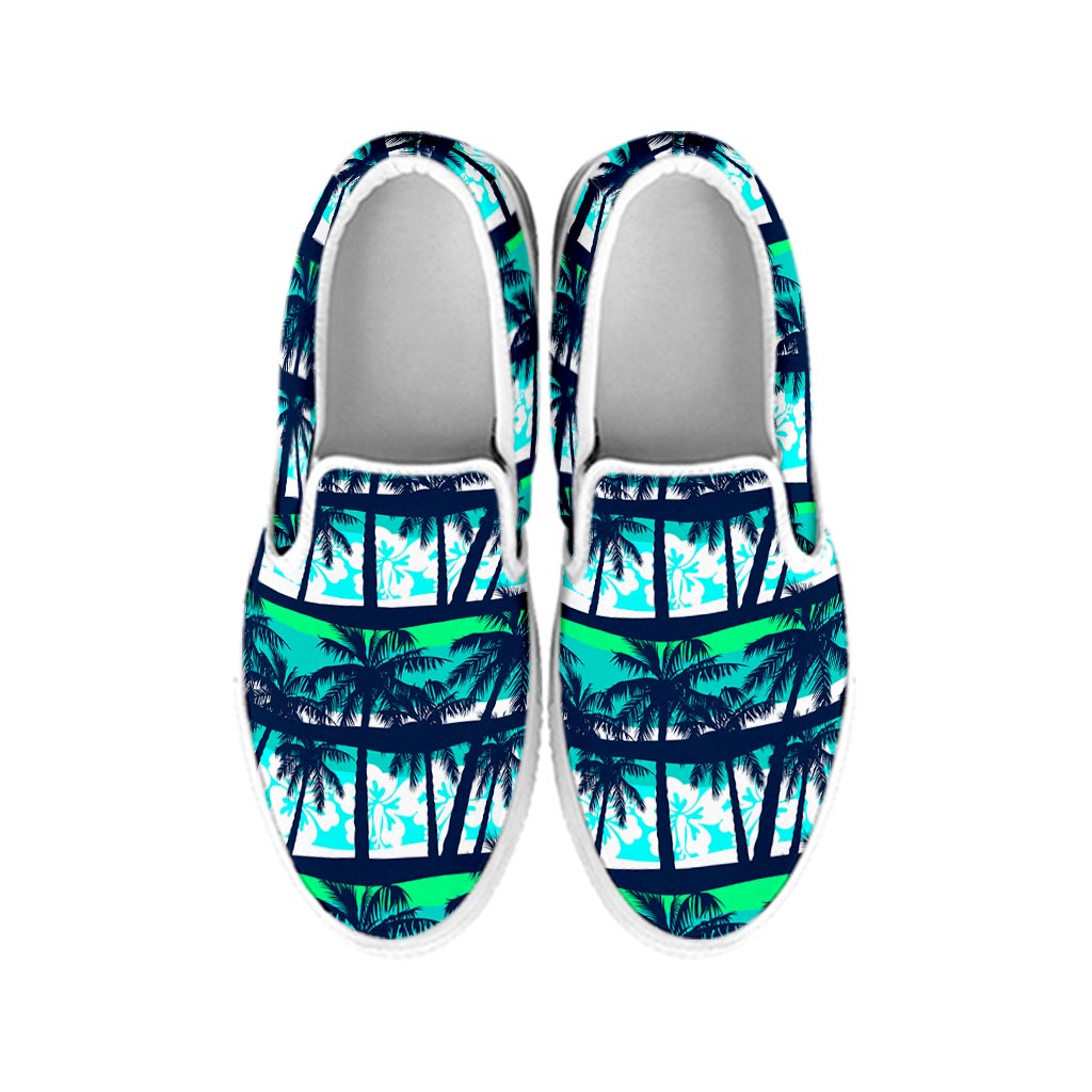 Blue Hibiscus Palm Tree Pattern Print White Slip On Sneakers