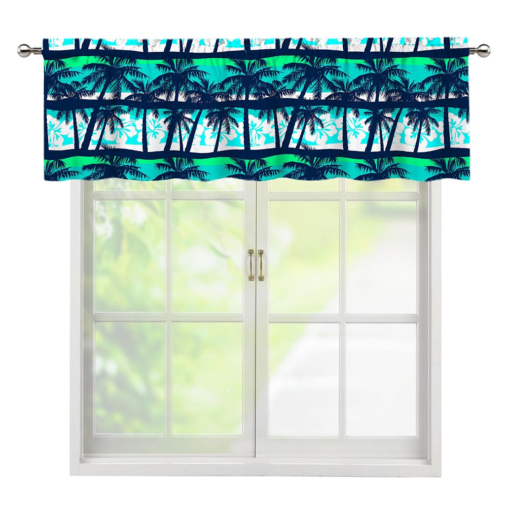Blue Hibiscus Palm Tree Pattern Print Window Valance