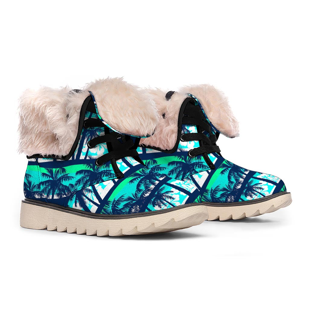 Blue Hibiscus Palm Tree Pattern Print Winter Boots