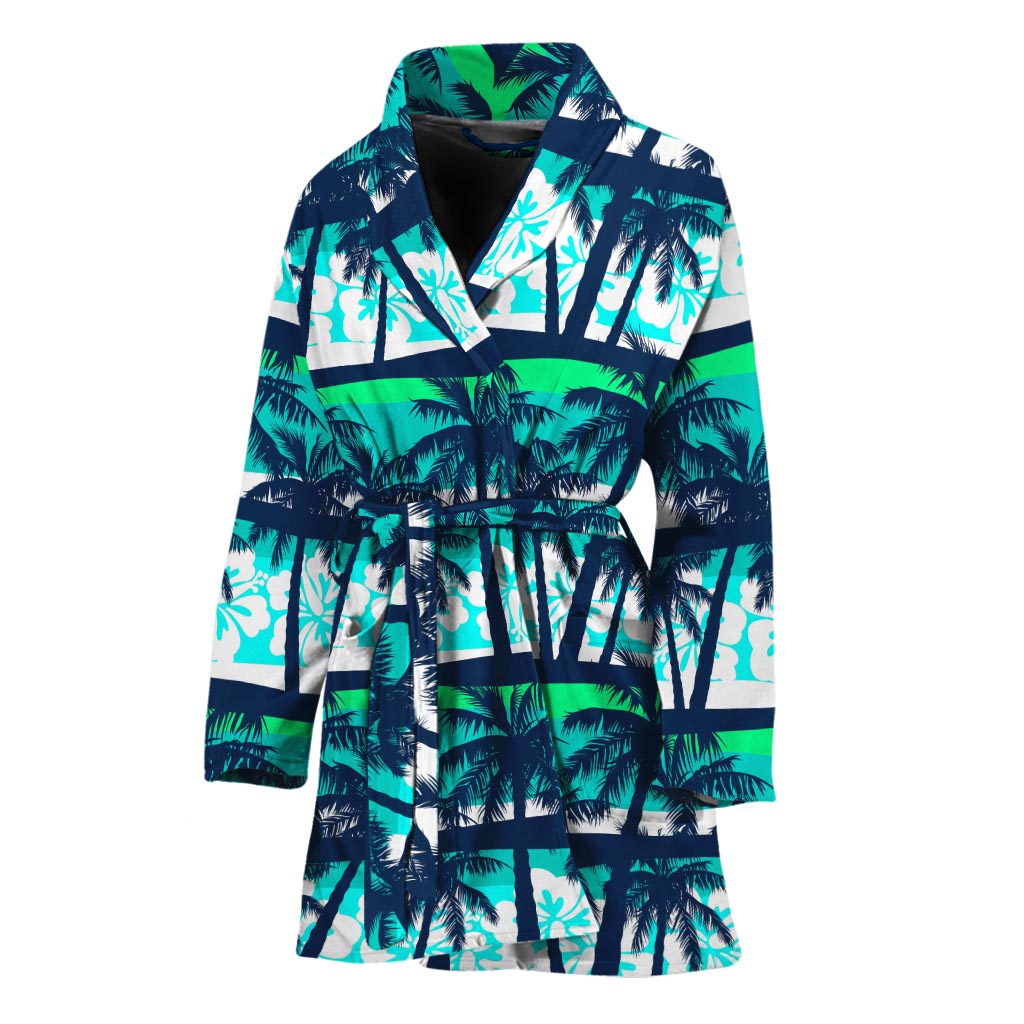 Blue Hibiscus Palm Tree Pattern Print Women's Bathrobe