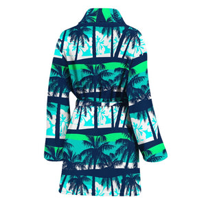 Blue Hibiscus Palm Tree Pattern Print Women's Bathrobe