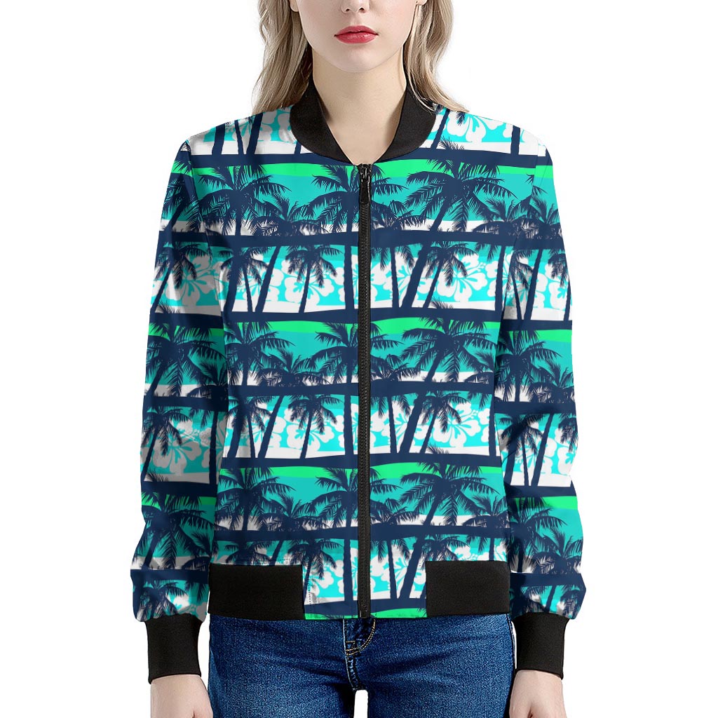 Blue Hibiscus Palm Tree Pattern Print Women's Bomber Jacket