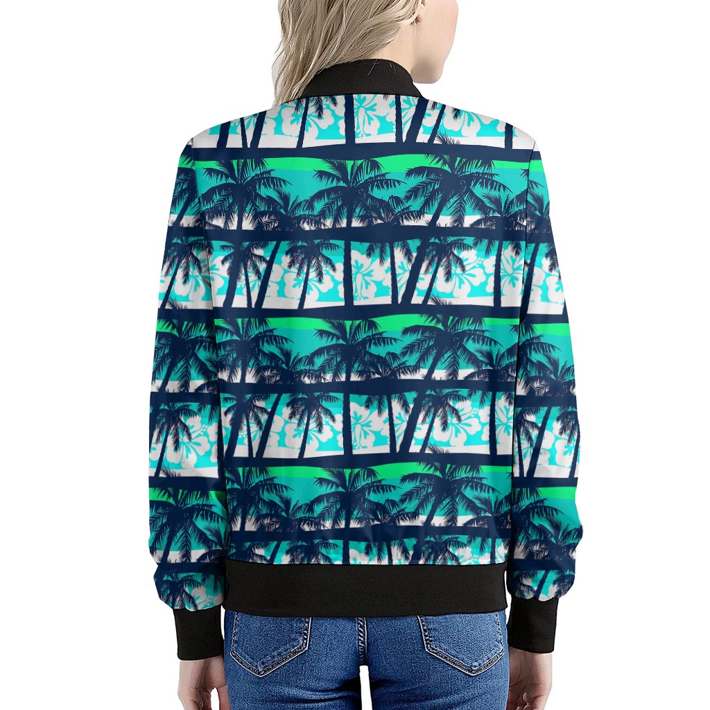 Blue Hibiscus Palm Tree Pattern Print Women's Bomber Jacket