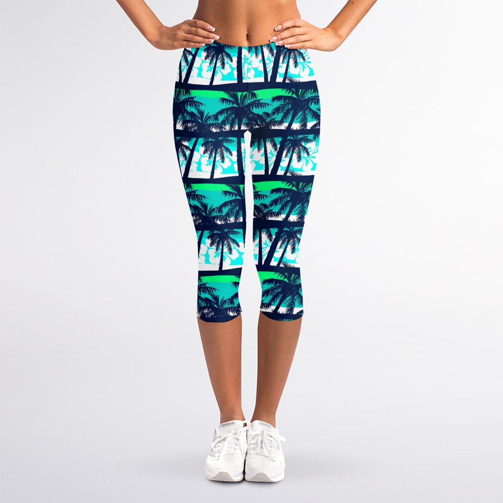 Blue Hibiscus Palm Tree Pattern Print Women's Capri Leggings