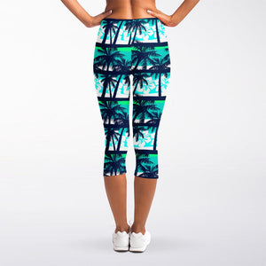 Blue Hibiscus Palm Tree Pattern Print Women's Capri Leggings