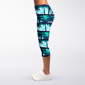 Blue Hibiscus Palm Tree Pattern Print Women's Capri Leggings