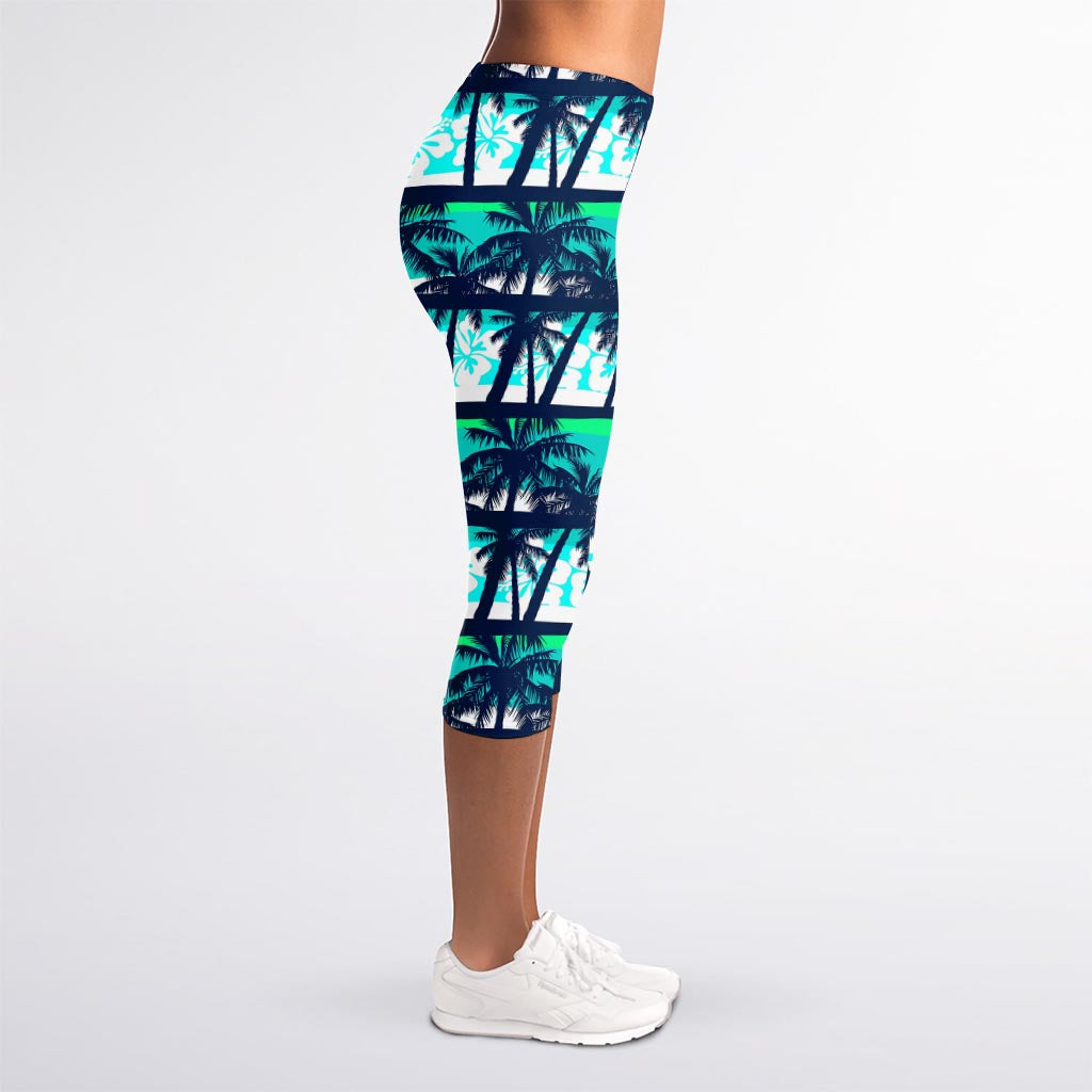 Blue Hibiscus Palm Tree Pattern Print Women's Capri Leggings