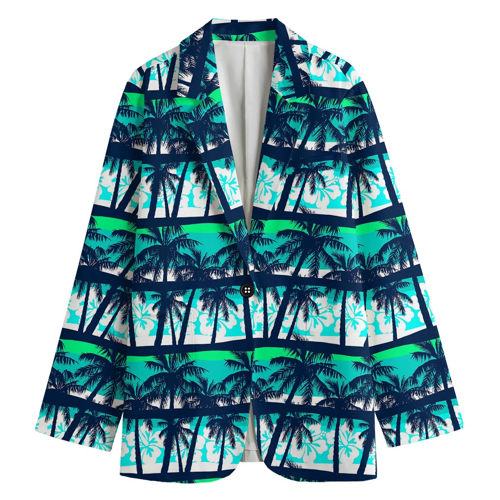 Blue Hibiscus Palm Tree Pattern Print Women's Cotton Blazer