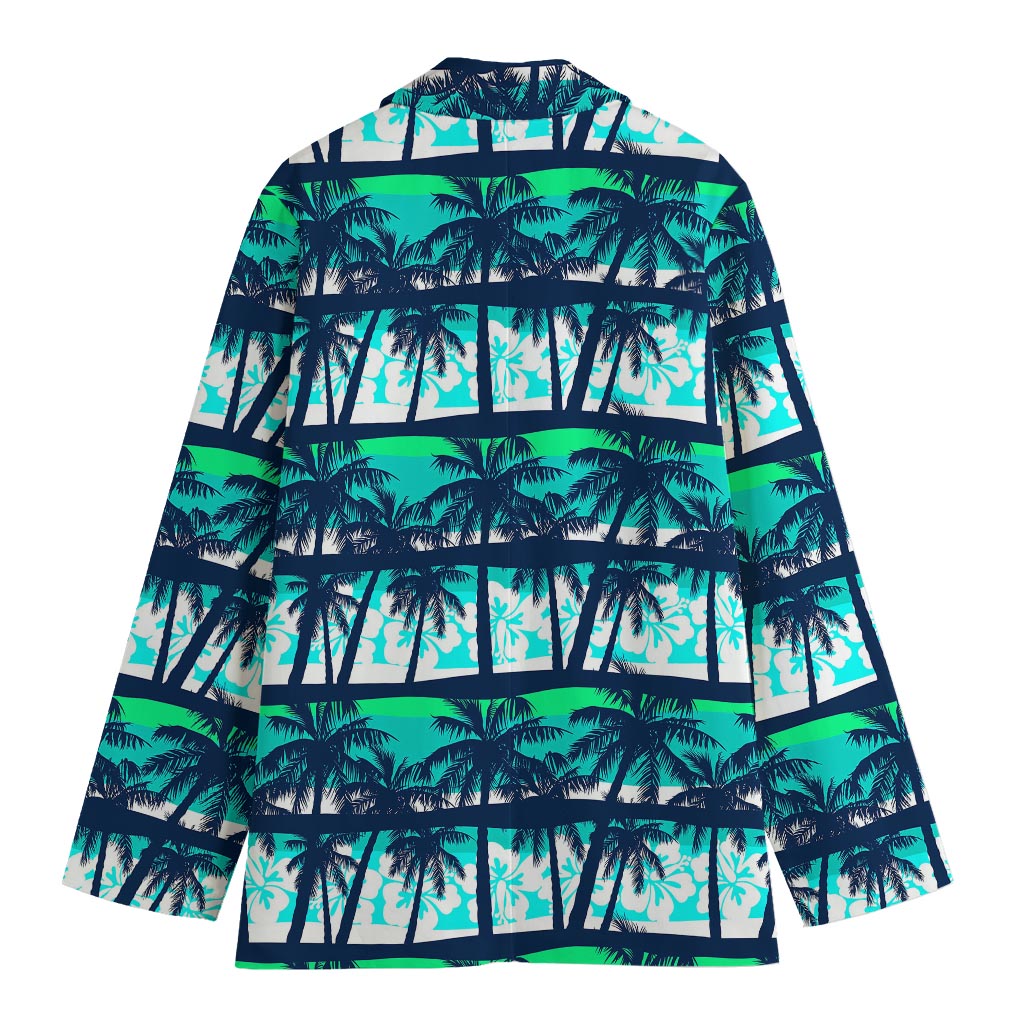 Blue Hibiscus Palm Tree Pattern Print Women's Cotton Blazer