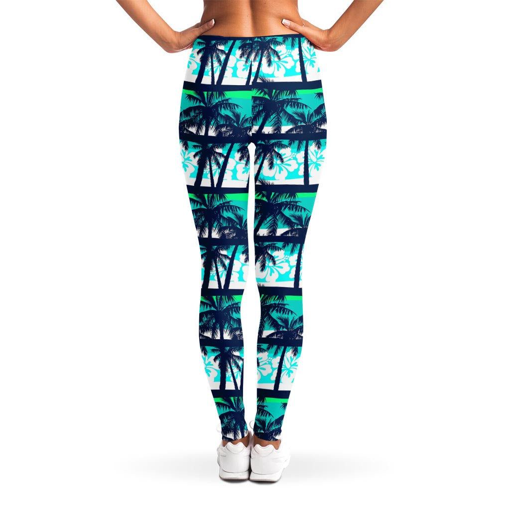 Blue Hibiscus Palm Tree Pattern Print Women's Leggings