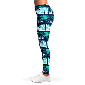 Blue Hibiscus Palm Tree Pattern Print Women's Leggings