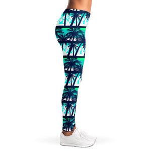 Blue Hibiscus Palm Tree Pattern Print Women's Leggings