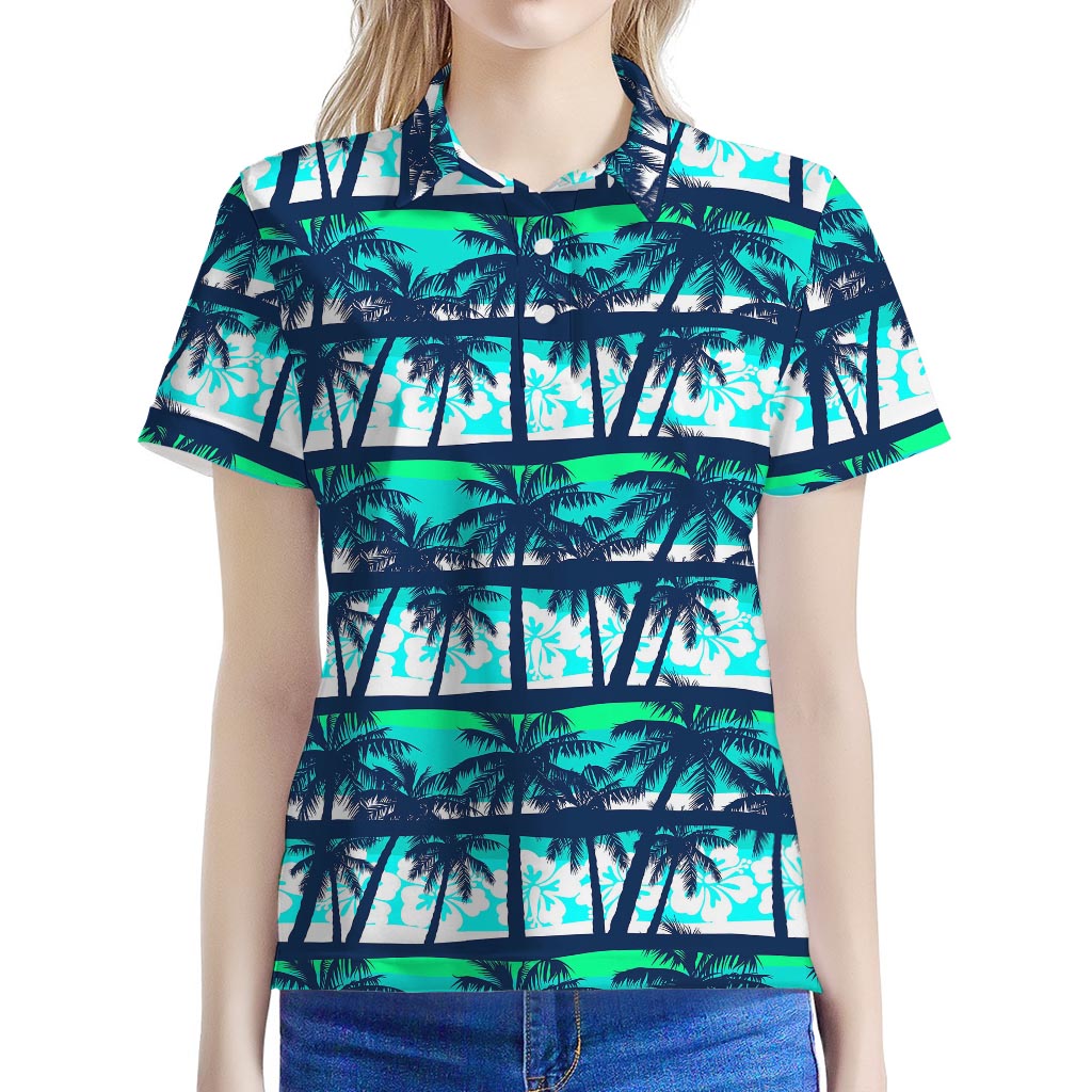 Blue Hibiscus Palm Tree Pattern Print Women's Polo Shirt