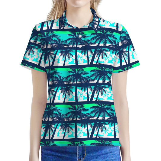 Blue Hibiscus Palm Tree Pattern Print Women's Polo Shirt