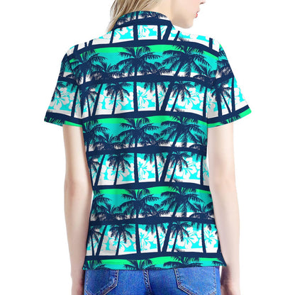 Blue Hibiscus Palm Tree Pattern Print Women's Polo Shirt