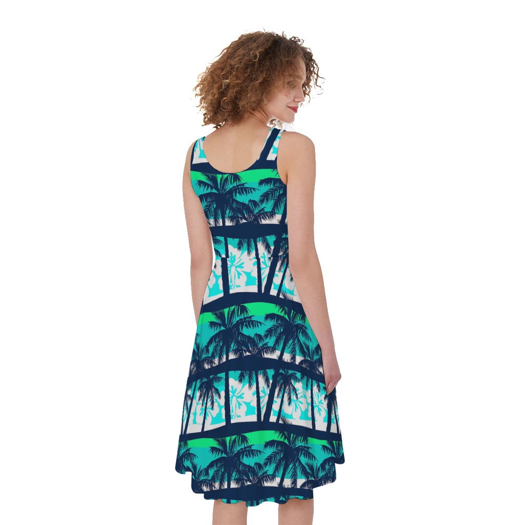 Blue Hibiscus Palm Tree Pattern Print Women's Sleeveless Dress