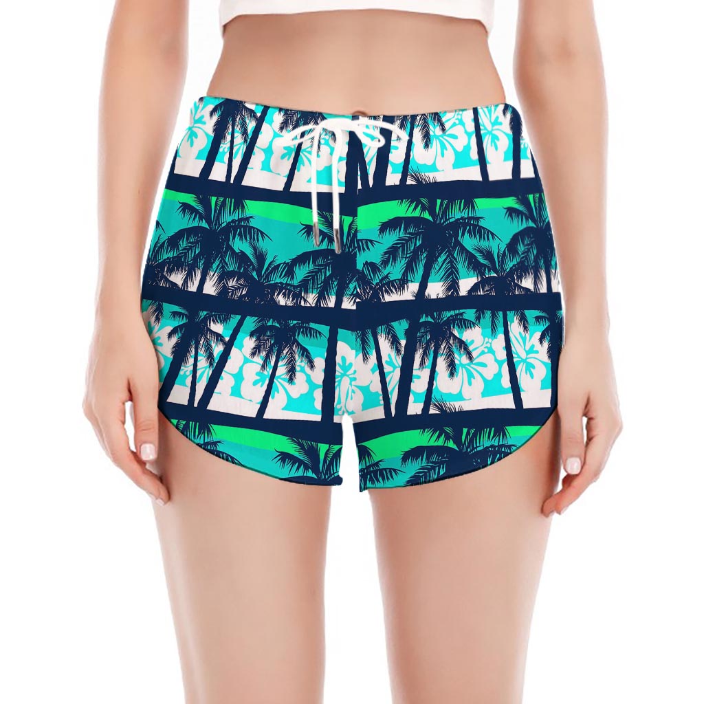 Blue Hibiscus Palm Tree Pattern Print Women's Split Running Shorts